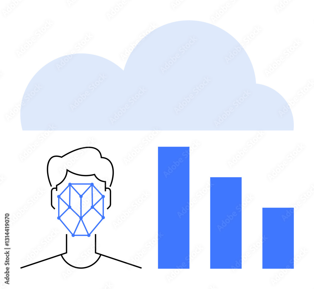 Poster facial recognition outline with algorithm grid, bar chart, and cloud symbol. ideal for technology, a