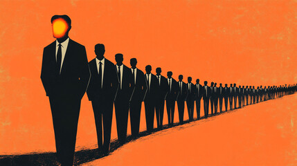 Row of faceless men in suits on an orange background with a surreal style

