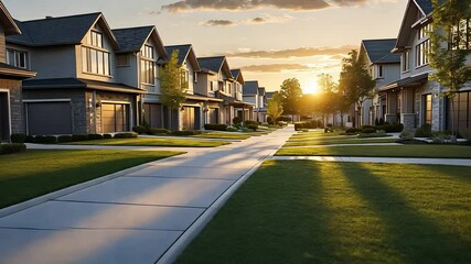 Modern Suburban Neighborhood with Row of Elegant Houses, Well-Maintained Lawns, Clean Sidewalks, and Warm Sunset Light

