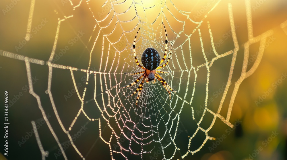 Aufkleber A macro view of a spider weaving its web in the early morning light, with dew droplets clinging to the silk threads, creating a mesmerizing scene