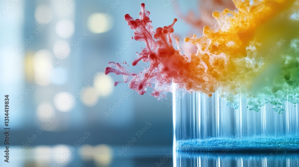 Poster vibrant color splash experiment laboratory science photography dynamic environment close-up viewpoin