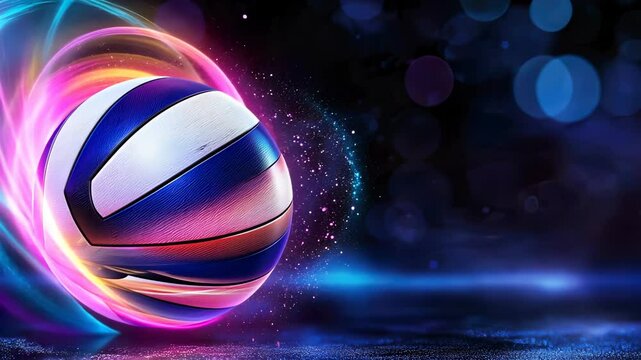 volleyball ball floating above luminous digital network grid, futuristic blue neon background with blurred perspective video 4k