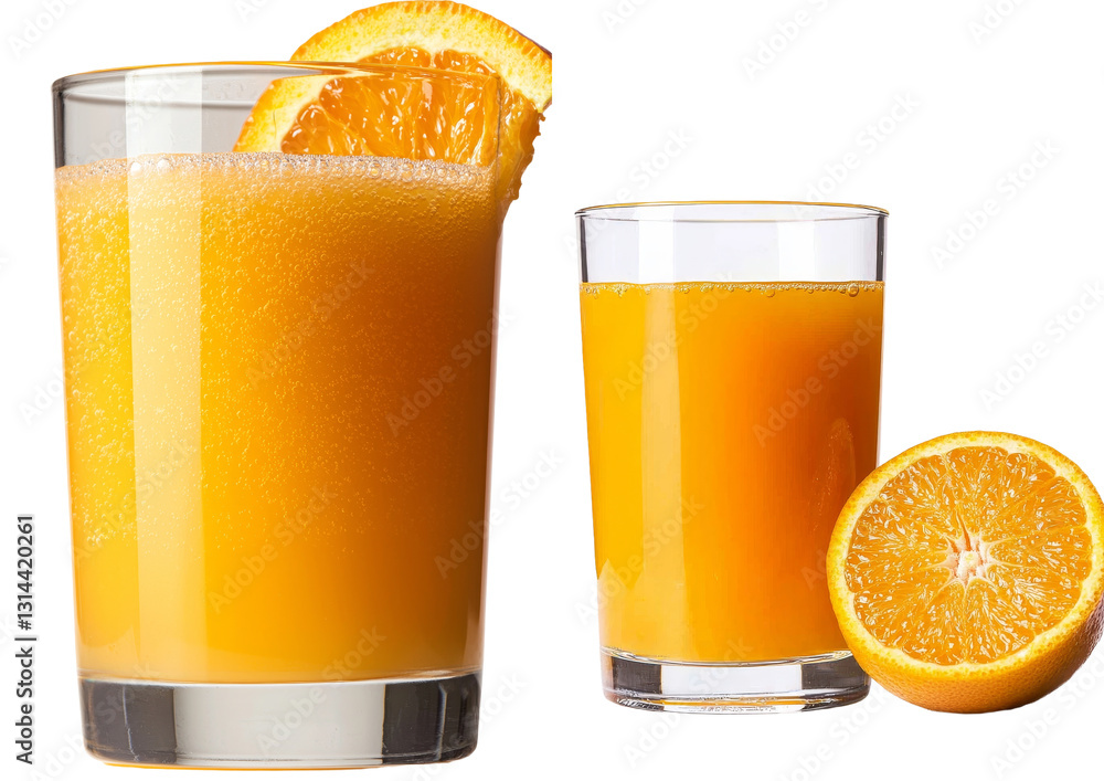 Poster png format features a tall glass of refreshing orange juice, complete with an accompanying slice, is