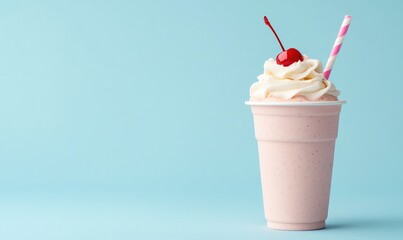 Delicious milkshake topped with whipped cream, cherry, and a straw, served in a cup against a light blue background.