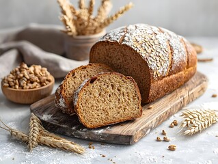 Freshly Baked Whole Wheat Bread Loaf on Rustic Wooden Surface