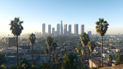 Panoramic Morning View of the Los Angeles Skyline with Palm Trees and a Hazy Sky in California
