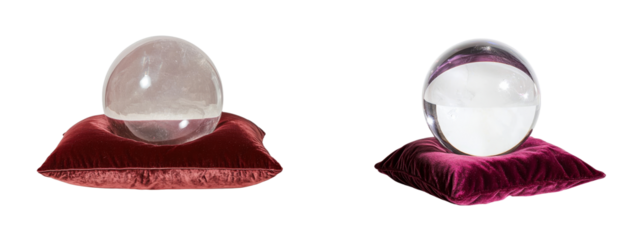 On a transparent background, a png image features a crystal ball positioned on a red velvet cushion, used in fortune-telling and mystical practices
