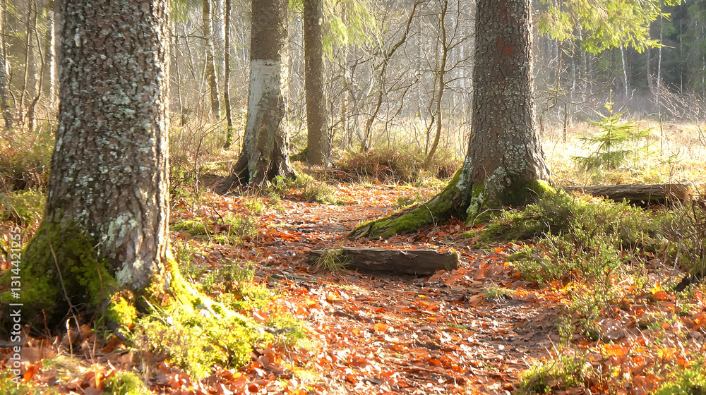 Poster forest path winding through trees covered in autumn foliage and moss