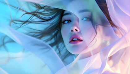 ファンタジーストーリー（美しいシルクの布を纏い、波打つ風に身を任せながら、その向こうに静かに佇む女性）