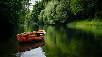 Tranquil Summer River Scene With Wooden Boat Moored Near Lush Green Trees Reflecting In The Calm Water Peaceful Daytime