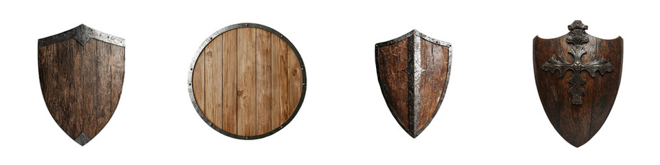 Png image of a medieval wooden shield, complete with metal accents and a rustic texture, isolated against a transparent background