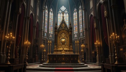 Obraz premium Majestic Cathedral Interior Golden Altar Stained Glass Windows Religious Architecture