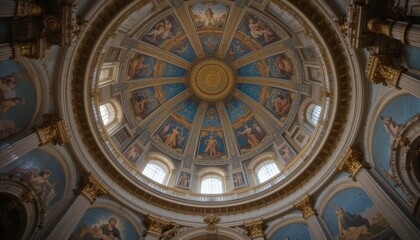 Fototapeta premium Magnificent Ornate Church Dome Interior Detailed Fresco Paintings and Gilded Architecture