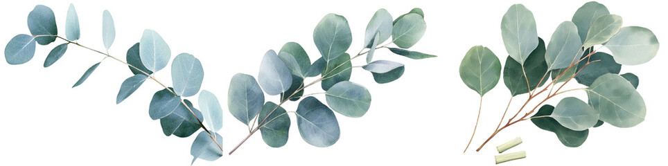 A delicate green eucalyptus branch with leaves, illustrated in watercolor, is a great fit for natural and botanical themes, and this image is provided as a png with a transparent background