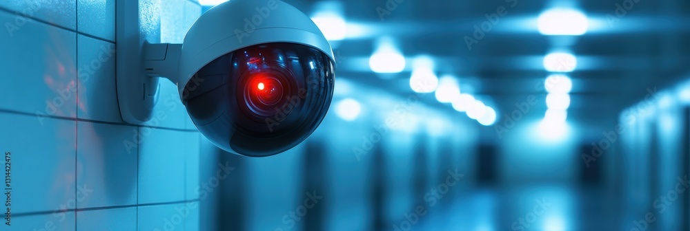 Poster motion detection camera monitoring a dimly lit hallway in a modern building