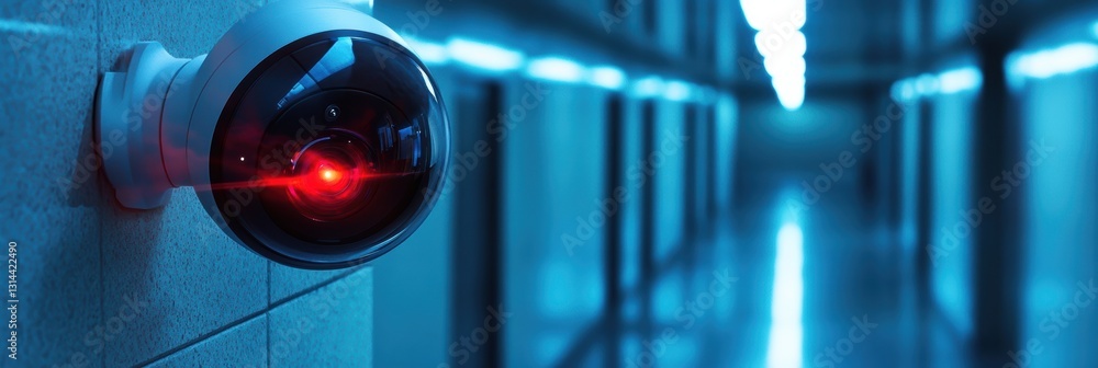 Poster video camera with motion detection installed in a dark corridor enhancing security measures