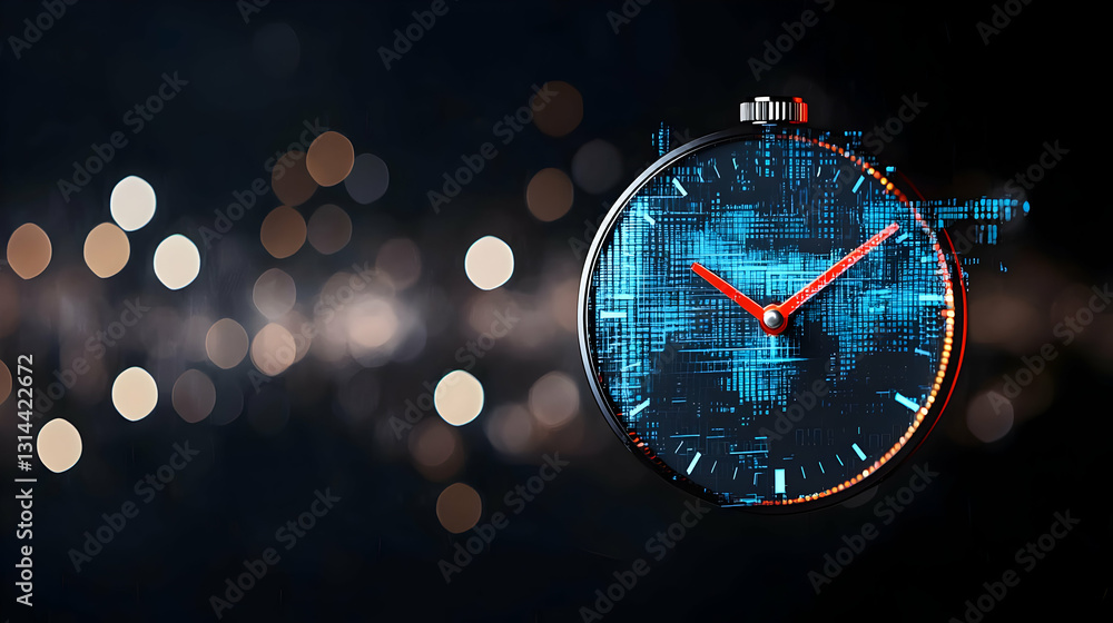 Poster abstract futuristic clock with digital circuitry and red second hand against a dark blurred bokeh ba