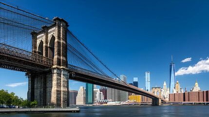 Obraz premium Lower Manhattan Skyline And Brooklyn Bridge On A Clear Sunny Day With Blue Skies Over East River