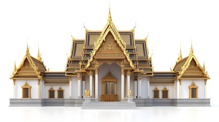 Fototapeta premium Ornate Golden Thai Gate with Intricate Architectural Motifs on White Background