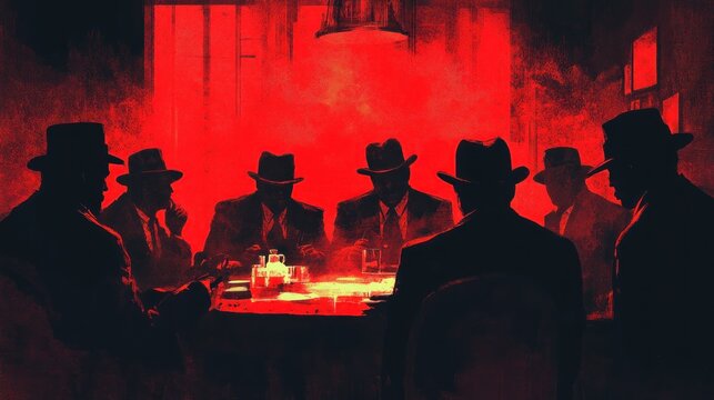 Silhouetted men in fedoras gathered around a table in a dimly lit room, red light illuminating the scene.