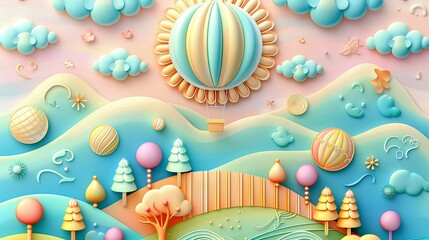 3D embossed paper illustration of a sun, clouds, and a hot air balloon in the sky, with light orange hills and colourful trees below, against a light pink background