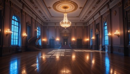 Fototapeta premium Elegant Grand Ballroom Interior Design with Crystal Chandelier and Wooden Floor