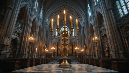 Ornate Gold Candelabra with Lit Candles in a Majestic Church Interior