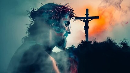 Jesus Christ on the background of Golgotha ​​with the crucifixion. Mystical Christian video of Good Friday, Easter background - Powered by Adobe