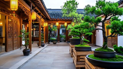 Fototapeta premium Serene Asian Courtyard Garden with Bonsai - Zen Gardens