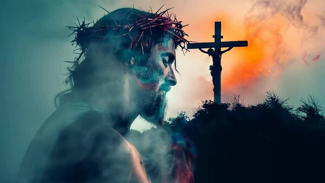 Jesus Christ on the background of Golgotha ​​with the crucifixion. Mystical Christian video of Good Friday, Easter background