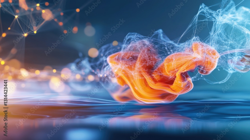 Poster dynamic orange ink swirl studio setting abstract art colorful environment close-up view fluid motion