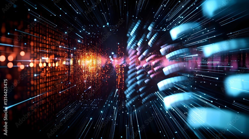 Poster dynamic flow of digital data in abstract cyberspace with glowing blue and orange lights
