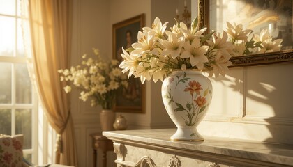 Elegant White Lilies in Ornate Vase on Marble Mantelpiece Sunlit Room Interior