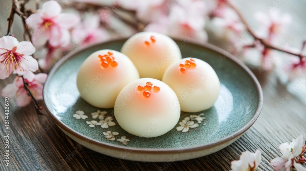 Poster a serene image of daifuku arranged on a simple ceramic plate, with delicate floral decorations and s