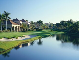 Serene Golf Course Landscape with Luxury Homes and Water Reflections