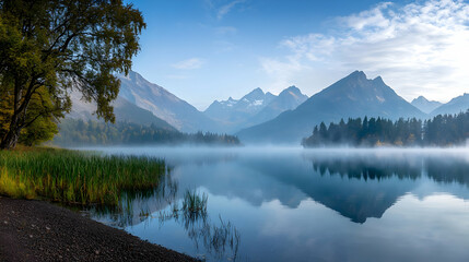 Serene Autumn Morning at a Misty Lake with Mountain Reflections and Colorful Trees in the Background