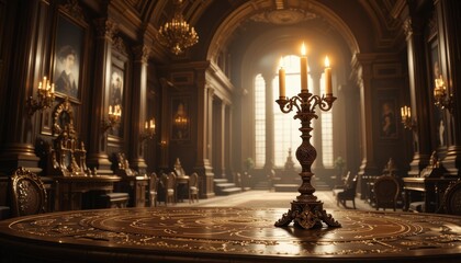 Fototapeta premium Elegant Candelabra on Ornate Table in Luxurious Grand Hall Interior