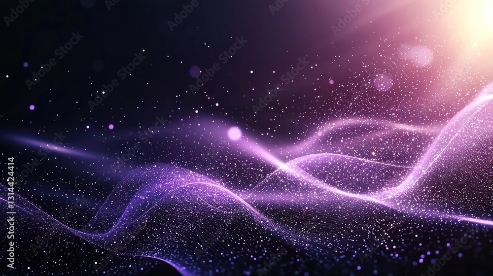 Poster abstract purple glittering wave particle light effect against dark background