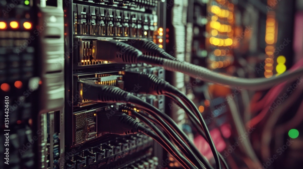 Poster server rack with network cables connected to a switch