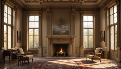 Elegant Living Room with Fireplace and Large Windows Luxurious Interior Design