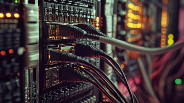 Server rack with network cables connected to a switch