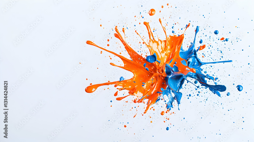 Poster dynamic splash of blue and orange paint on a white background creating an abstract explosion of colo