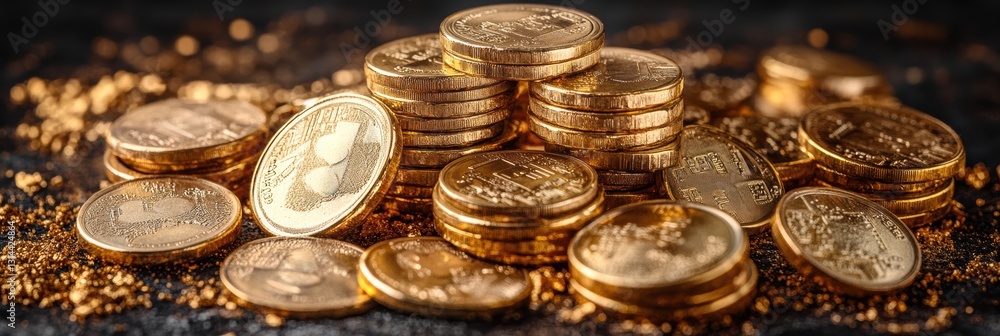 Poster stacked coins and gold bars create a luxurious display on a dark background