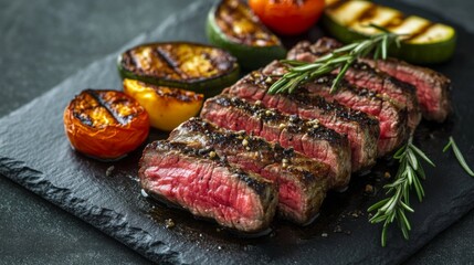 A sliced steak with a juicy pink center, neatly arranged on a dark slate plate with rosemary and grilled vegetables placed decoratively around it