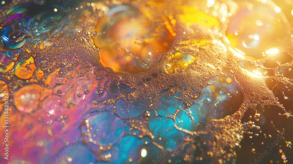 Aufkleber colorful bubbles floating on shiny surface with iridescent reflections and bright light in a dreamy 