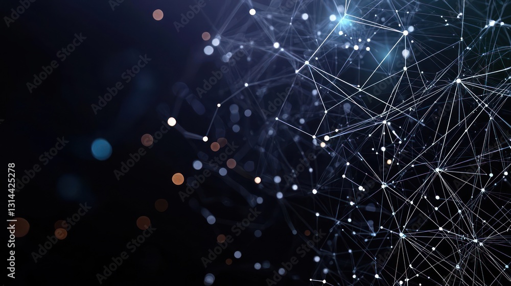 Poster abstract digital network of connected nodes in blue and black space