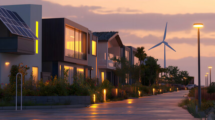 Modern houses with solar panels and a wind turbine at sunset