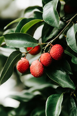 Obraz premium Lush clusters of lychee fruits display their bright red skins, nestled between fresh green leaves, creating a vibrant showcase in a tropical setting under warm sunlight