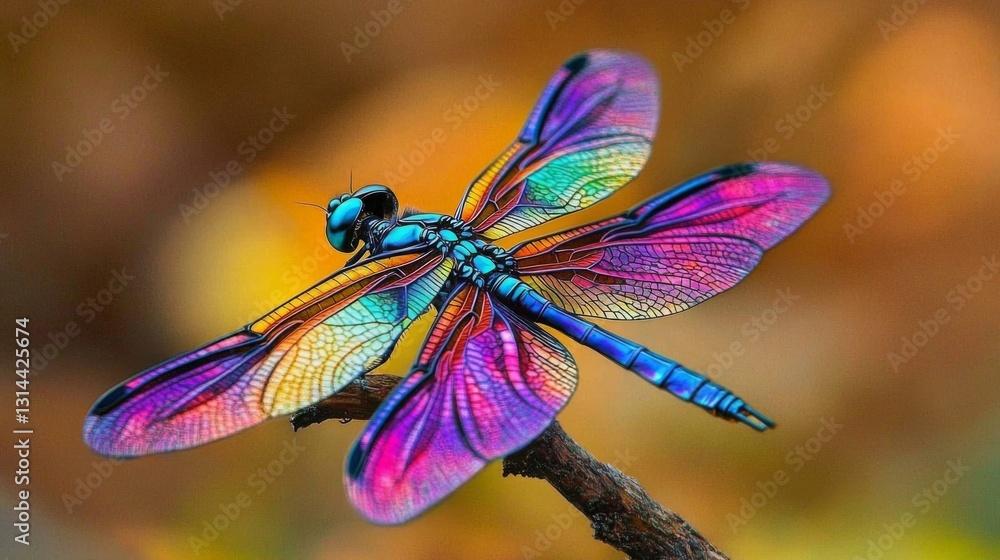 Poster a striking macro shot of a dragonfly perched on a twig, showcasing its iridescent wings and vibrant 