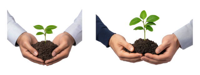 Hands holding a young green plant in soil, growth, nature, new beginnings.